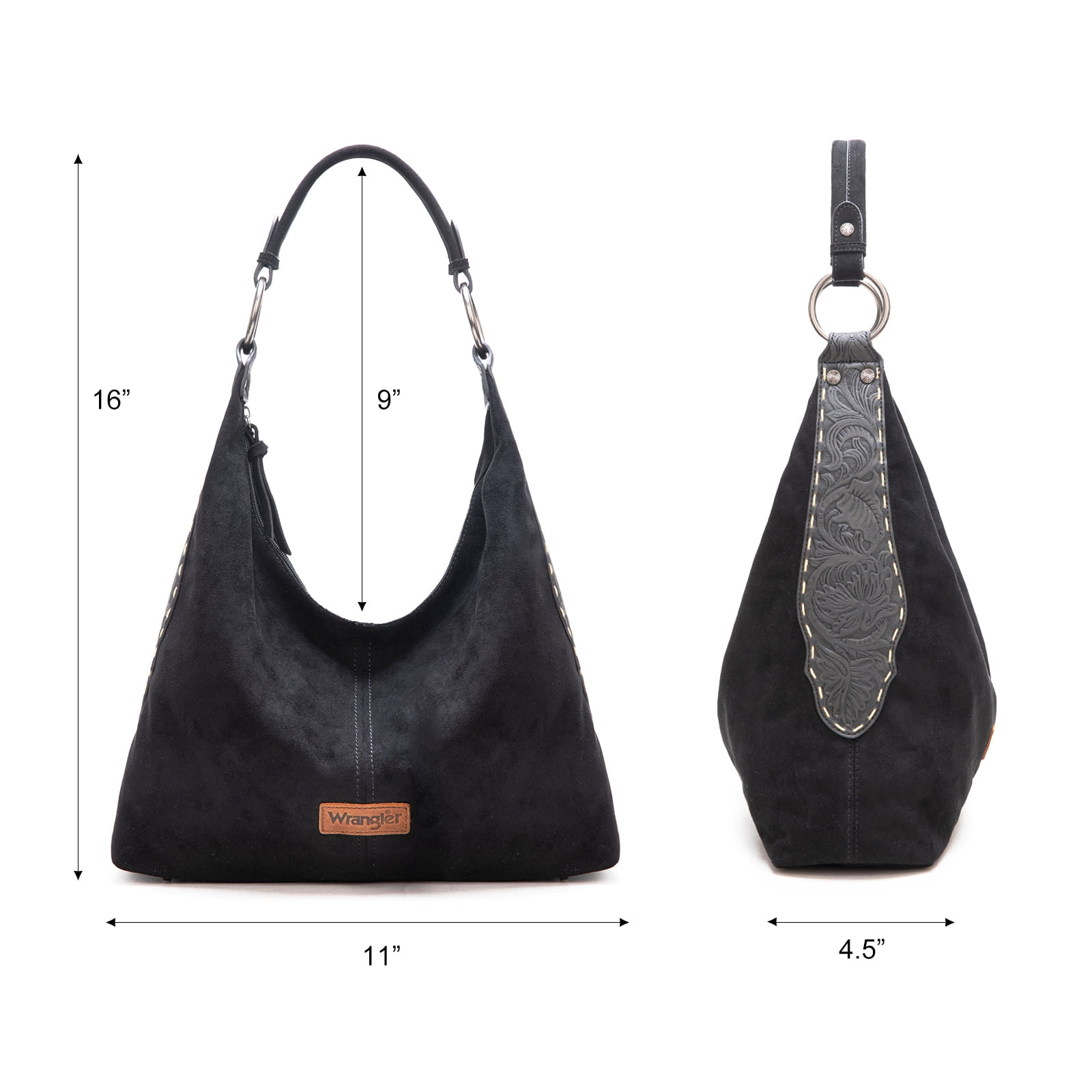 Wrangler Suede Hobo Purse for Women Embossed Soft Slouchy Shoulder Bag 2Pcs Set, Black