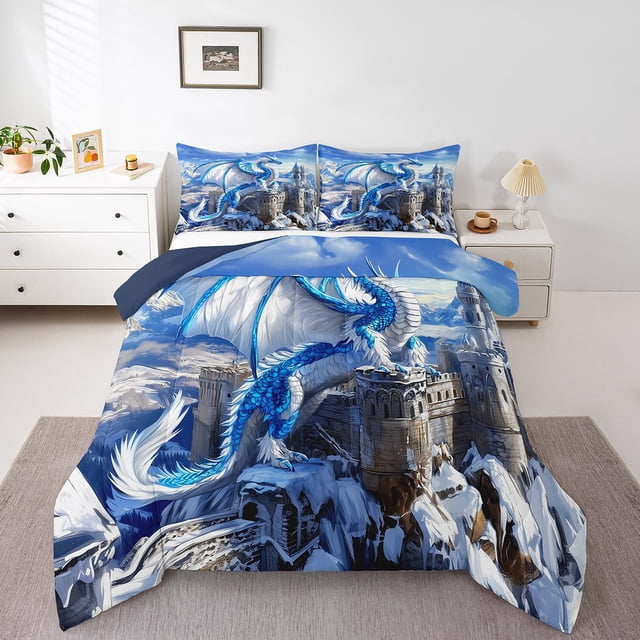 Erosebridal Ensemble de Literie Dragon Magique Simple, Couette Château Enneigé, Décor Animal Magique, Réversible, Léger, 2 Pcs