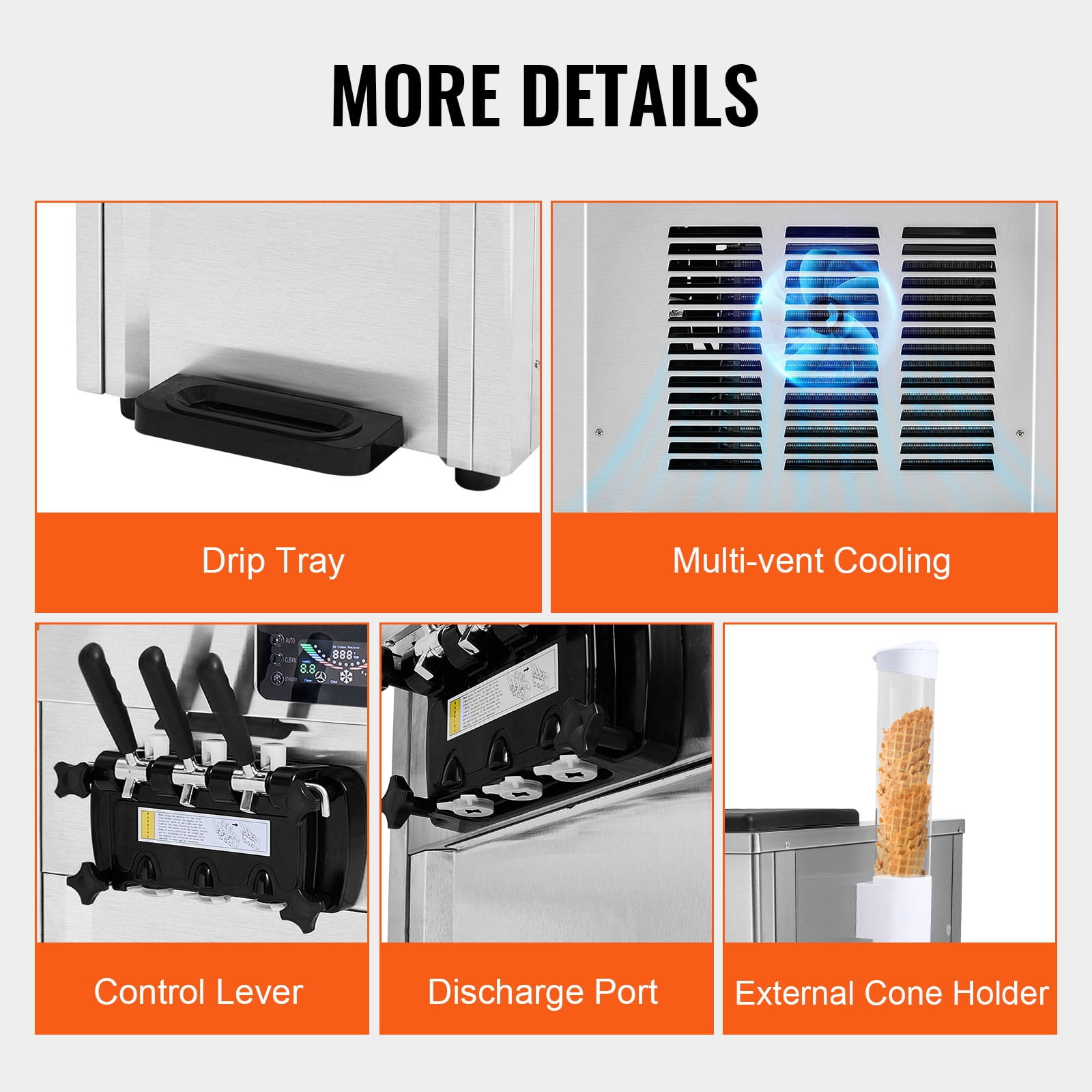 KFFKFF Commercial Soft Ice Cream Machine 18-28 L/H 5.5L*2 Cylinder 3-Flavor Serve Ice Cream Maker