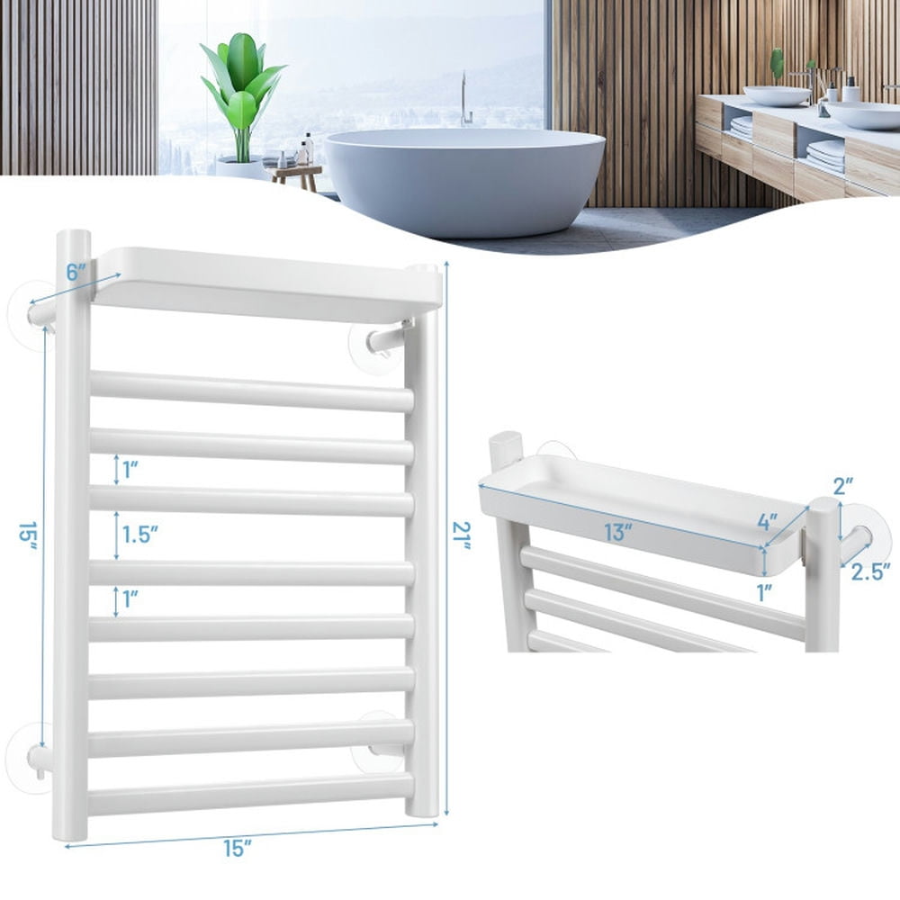 Finihen Wall Mounted Towel Rack, Electric Heated Towel Rack, 110W Electric Heated Towel Rack with Top Tray, for Bathroom and Kitchen, White