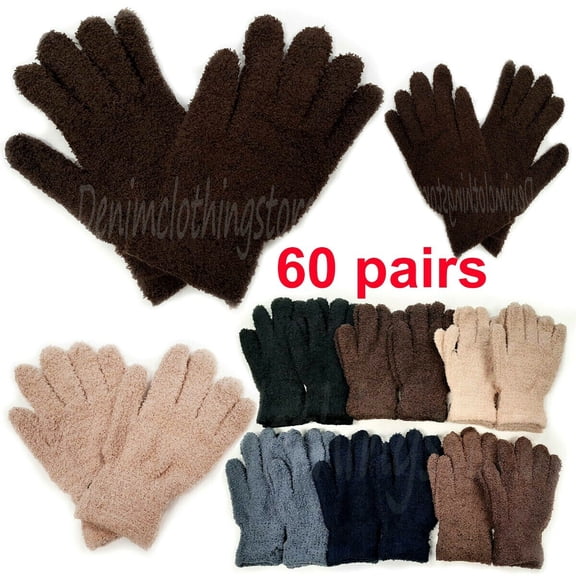 60 Pairs Men's Women Fuzzy Cozy Warm Magic Winter Gloves Knit Bulk Wholesale Lot