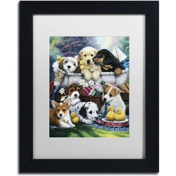 Trademark Fine Art 'Bath Time Pups' Canvas Art by Jenny Newland, White Matte, Black Frame