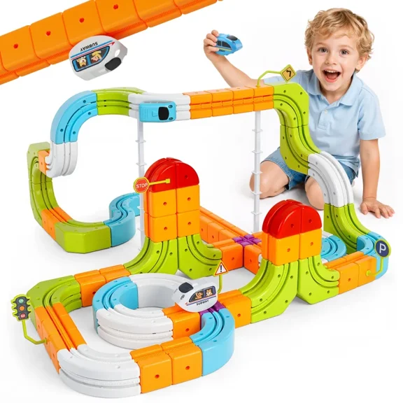 Beefunni Magnetic Train Set for Kids, 134-Piece 3D Gravity-Defying STEM Track with 2 USB Rechargeable Electric Trains, 9 Track Designs and Suction Cups, Building Toy Gift Ages 3