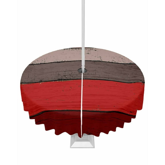 nqOlkjepod Red Grey Outdoor Tablecloth with Umbrella Hole & Zipper, Vintage Stripe Farmhouse Wood Grain Ombre Round Table Cover 54 Inch, Dining Waterproof Table Cloth Protector for Patio/Party