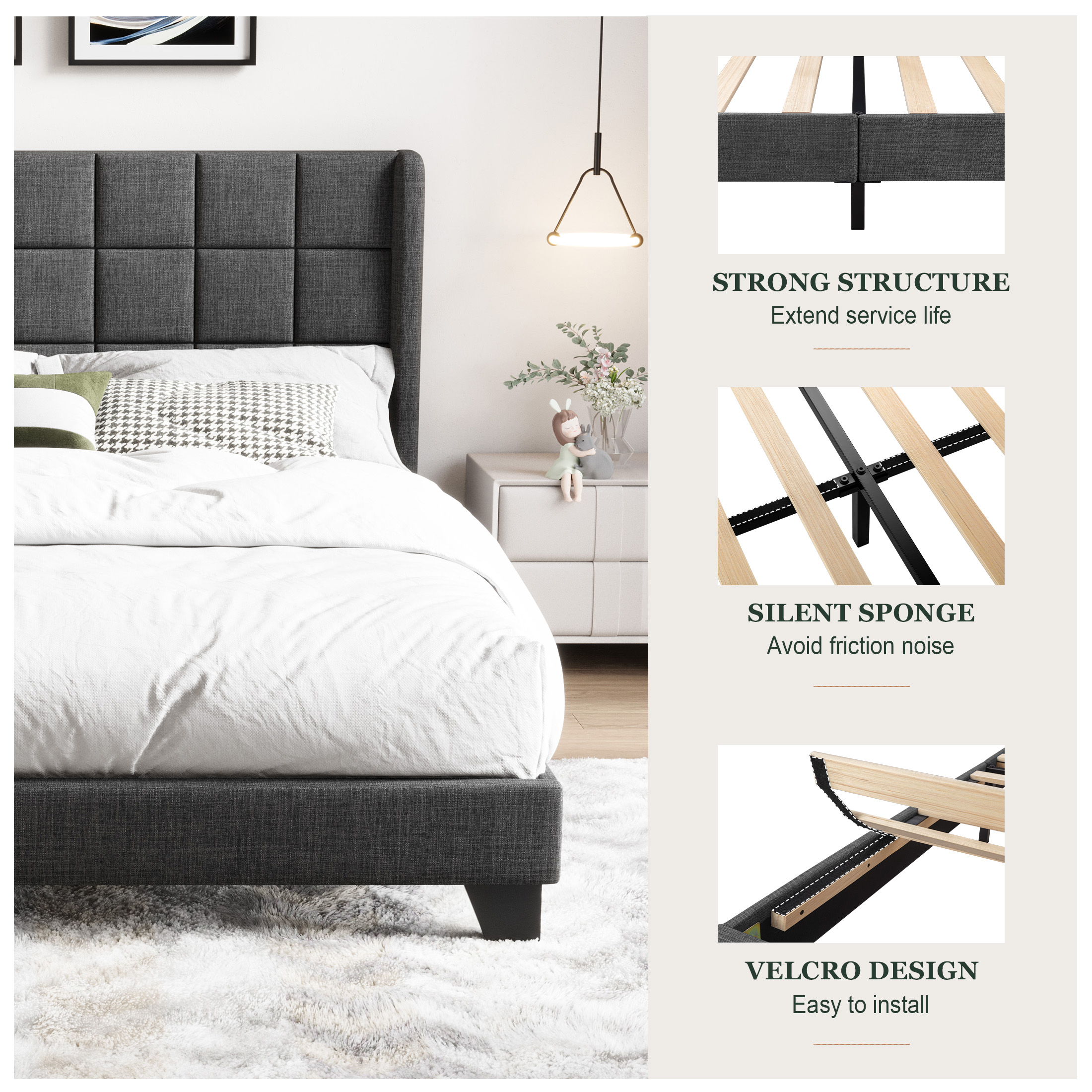 Amolife Queen Size Platform Bed with Wingback Headboard, Square Stitched Style, Dark Grey