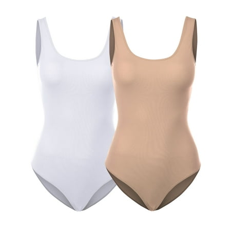 Women s Scoop Neck Sleeveless Stretch Cotton Bodysuit Tank Top - 2Pack
