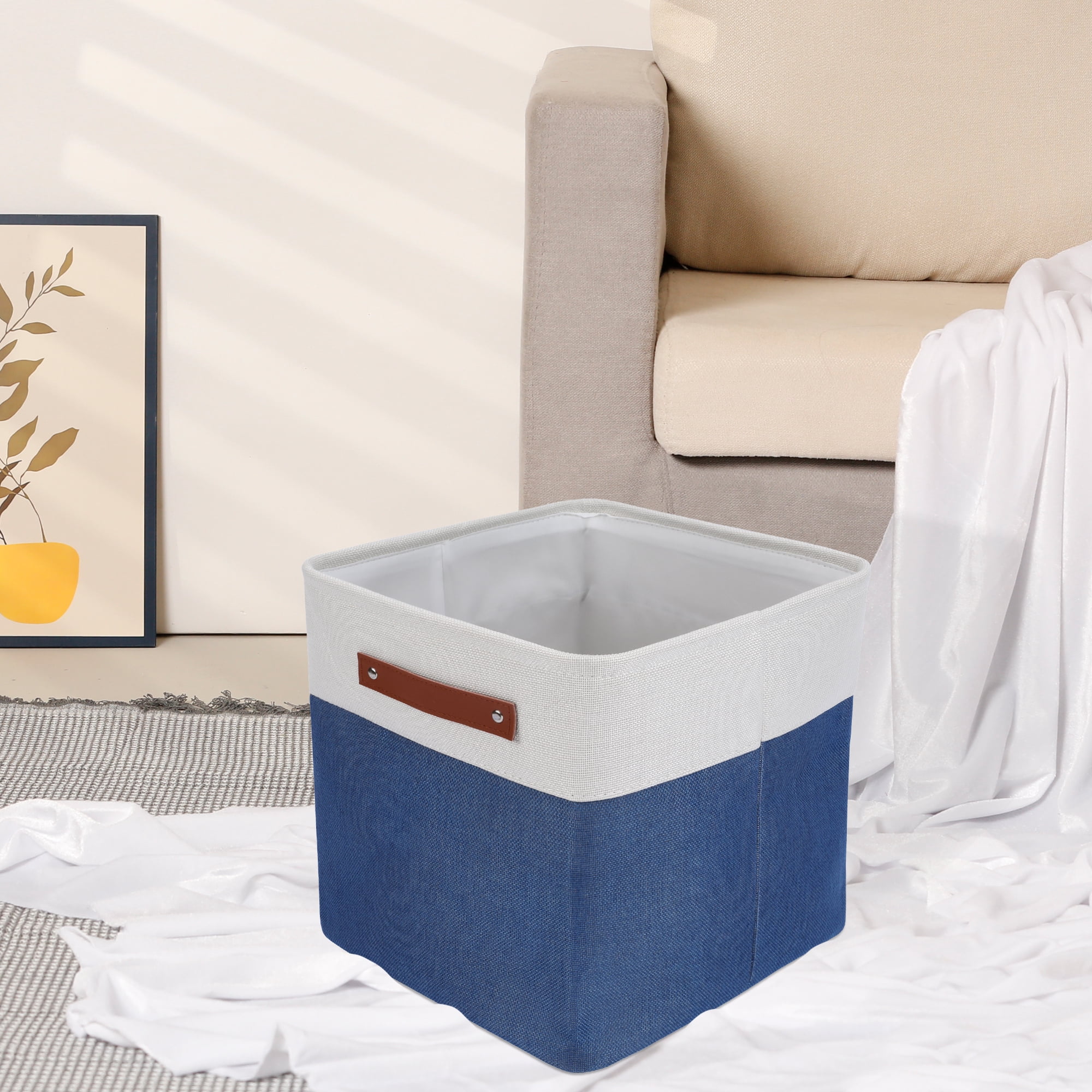 Unique Bargains Storage Cube Fabric Bin with Handles Dark Blue 11*11*11in