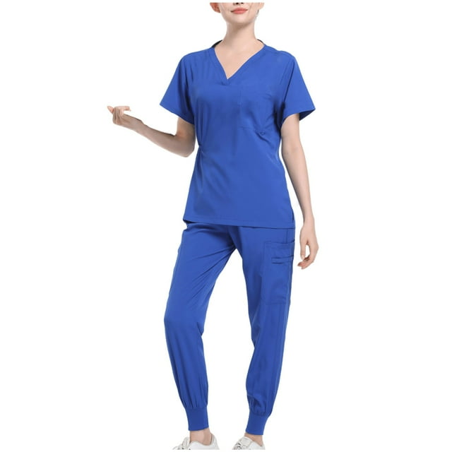 Ensemble de Sarrau Jogger Médical pour Femmes, Tenue d'Été 2 Pcs, Uniforme d'Infirmière, Hauts à Manches Courtes, Pantalons Cargo, Uniformes de Travail, Bleu, G
