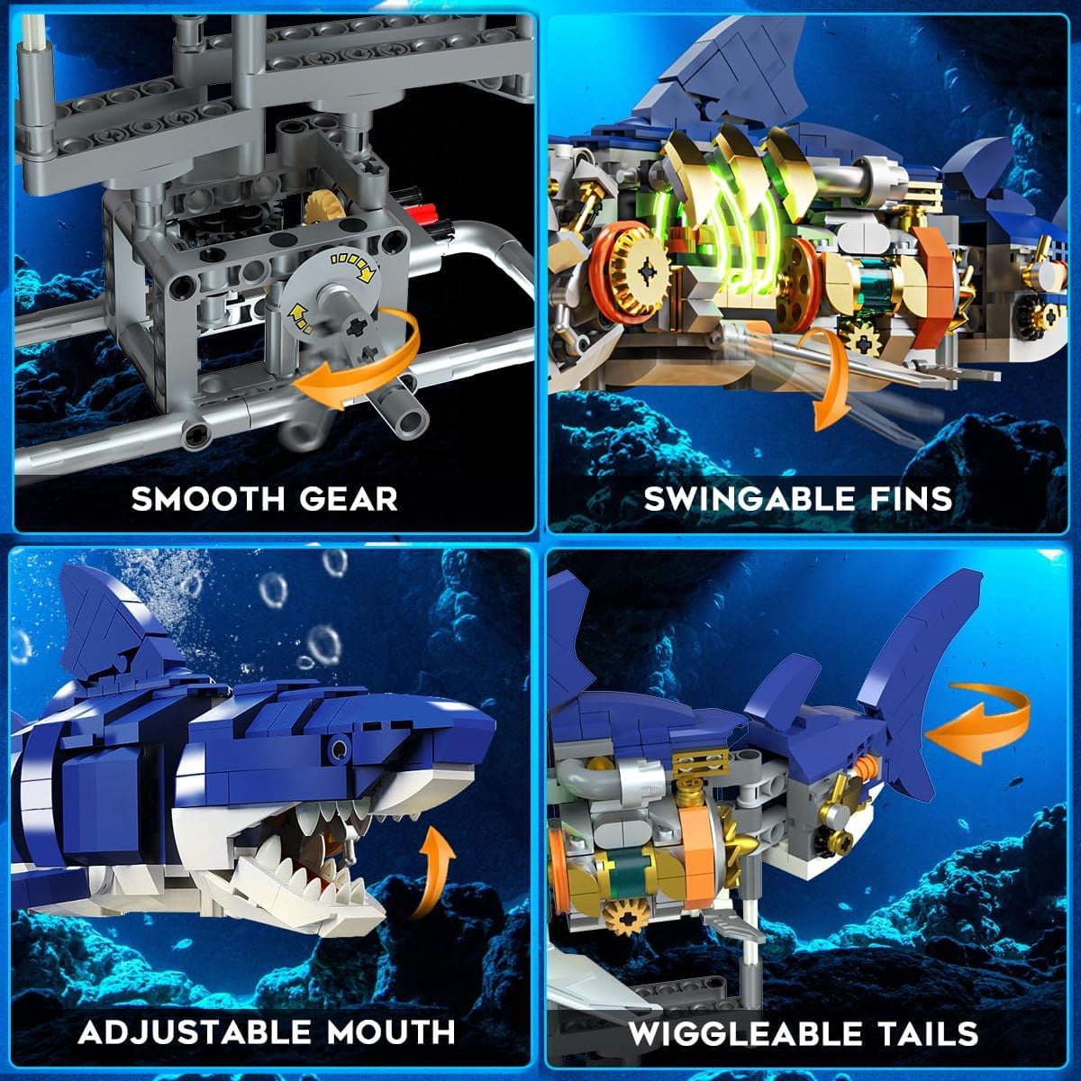 Shark Building Block Set, Sea Animal Building Blocks STEM Toys, with Swivelling Body and Light，with Display Stand for Adults, Marine and Mechanical Enthusiasts