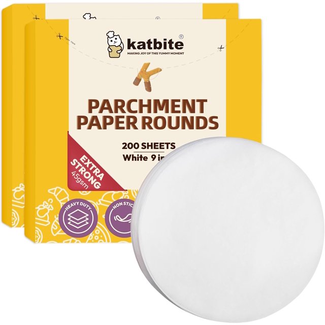 Katbite 9 Inch 400Pcs Parchment Paper Rounds, Round Parchment Paper for Cake Baking, Air Fryer Liners, Freezing, Tortilla Press(2 Pack of 200Pcs)