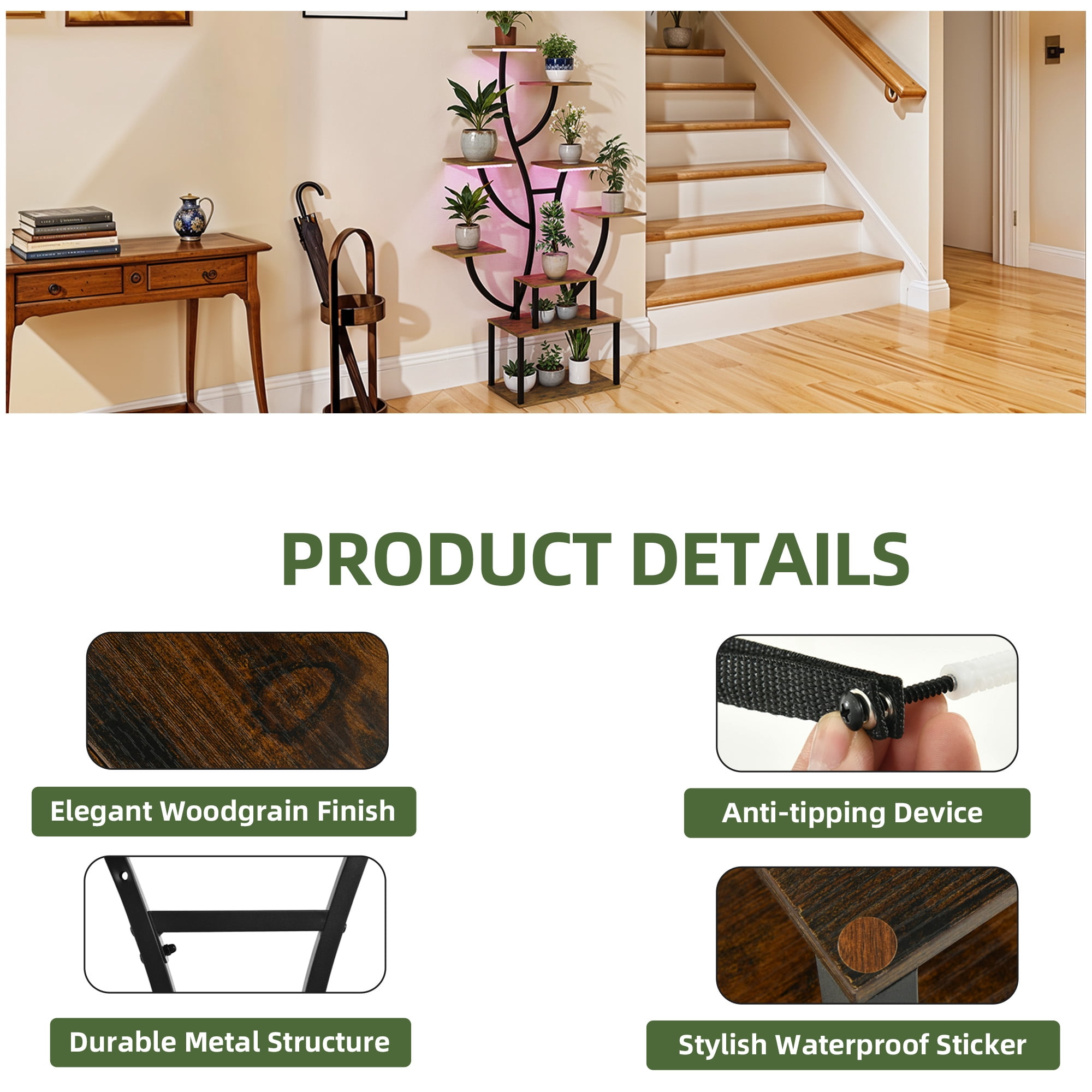 Uforic Indoor Plant Stand with Grow Lights, 63" Multiple Pots Metal Flower Stands Plant Shelf