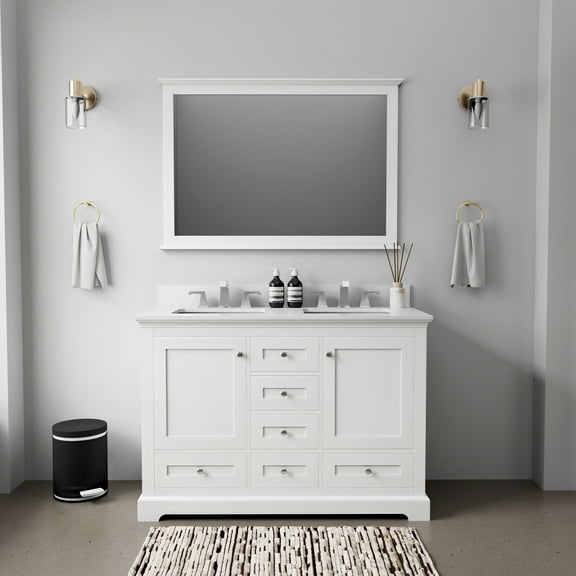 Tybee 48 in W x 22 in D White Double Bath Vanity, Cultured Marble Top and 46 in Mirror