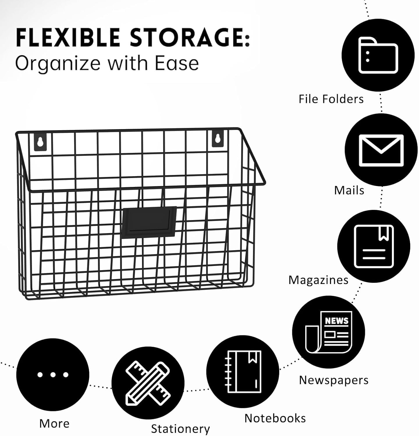 X-COSRACK 4-Tier Wall File Organizer, Detachable Metal Hanging Document Holder & Mail Sorter with Label Slots, Black