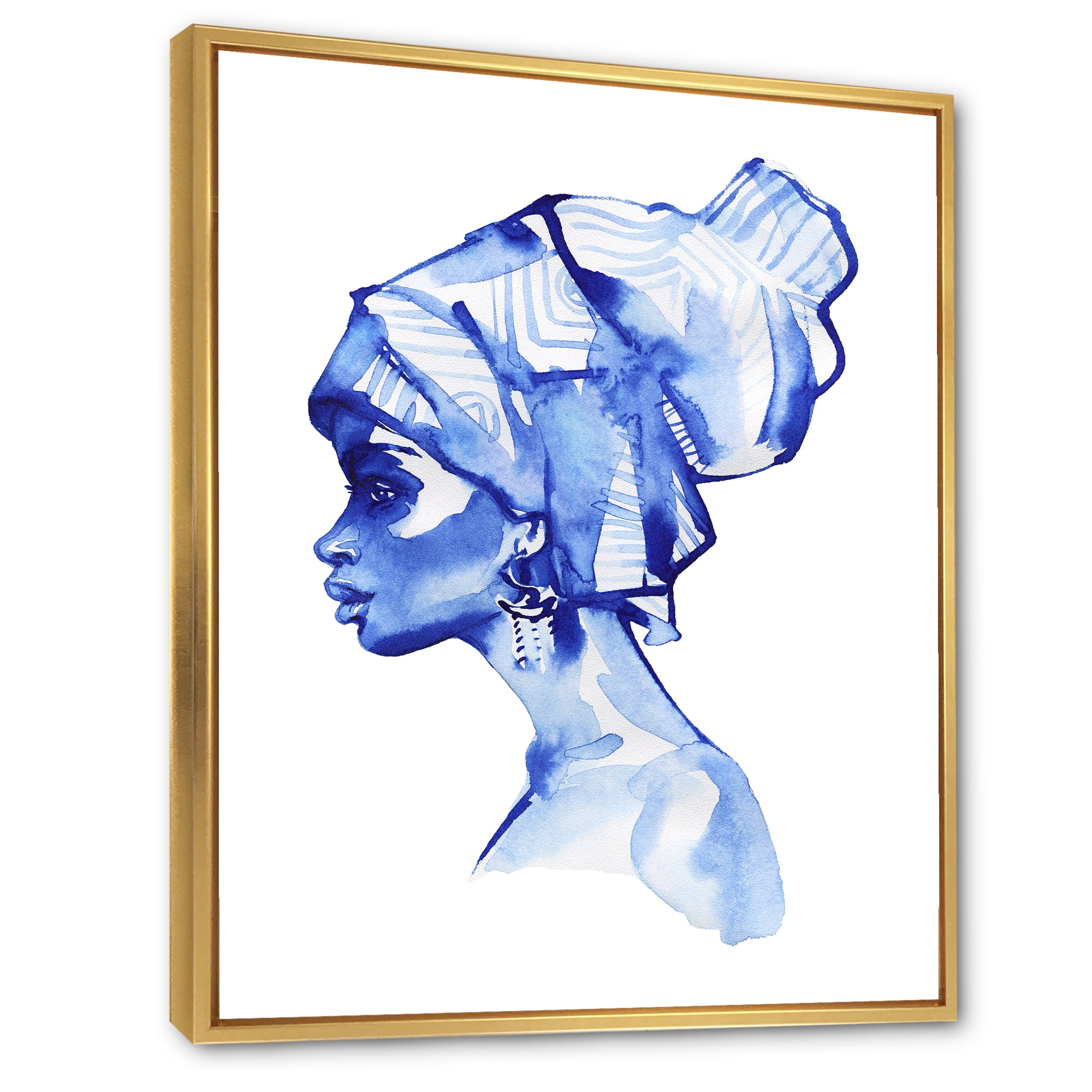 Designart 'Afro American Woman Blue Fashion Portrait' Modern Framed Canvas Wall Art Print