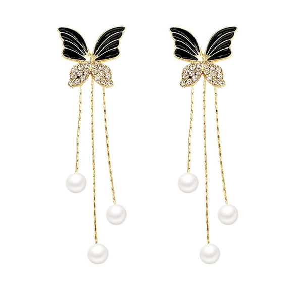 Mightlink 1 Pair Sweet Drop Earrings Butterflies Shape Women Removable Tassel Faux Pearls Stud Earrings Inlaid Dangle Earrings Jewelry Gift