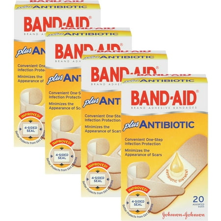 (4 Pack) Band-Aid Brand Adhesive Bandages with Neosporin Antibiotic Ointment, Pack of Assorted Sizes, for Wound Care and First Aid, 20