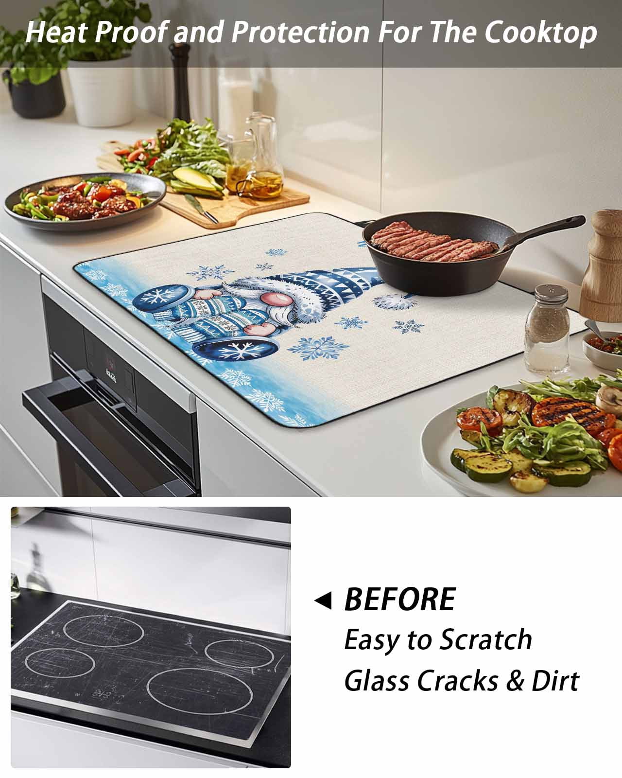 Stove Top Covers for Electric Stove, Blue Gnomes Christmas Glass Stovetop Cover Protector, Xmas Snowflake Hello Winter Induction Cooktop Protector Oven Mat for Kitchen Countertop 24"x21"