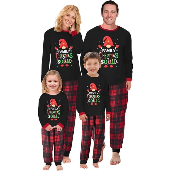 Yuaguia Family Christmas Matching Pajamas Set, Family Christmas Squad Letter Print Long Sleeve Tops and Red Black Plaid Pants, Holiday Sleepwear, Baby 9 Months
