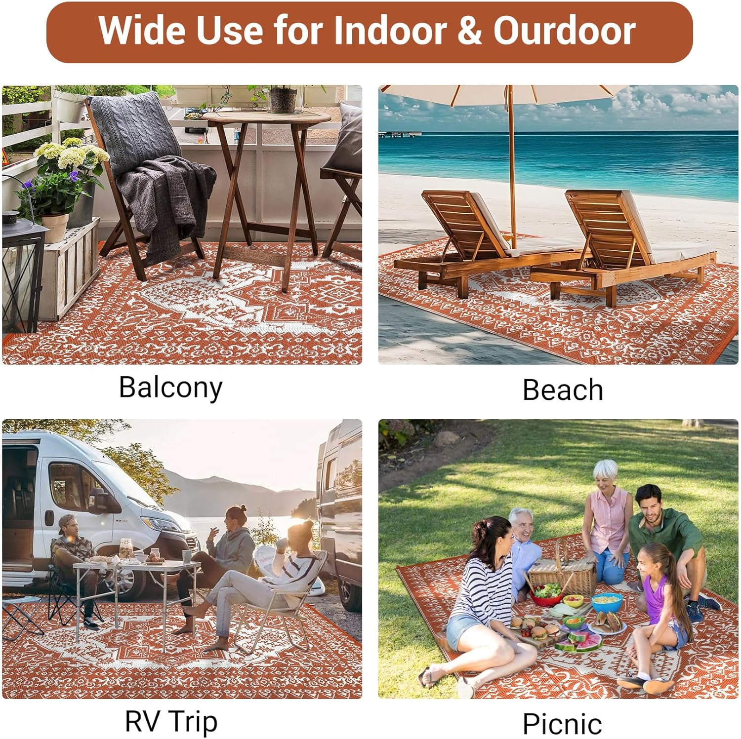 JoanKaren Waterproof Outdoor Rug,10'x14' Reversible Patio Mat,Outside Plastic Grass Mat Straw Rug Backyard Floor Mat for Picnic RV Camping Porch Balcony,Brick Red & White