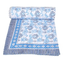 Indian Hand Block Print Kantha Quilt Throw Cotton Blanket Bedspread Single Size