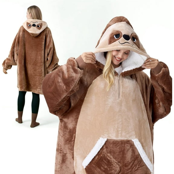 Joyfy Wearable Blanket Hoodie for Adults, Giggling Getup Oversized Sherpa Fleece Hoodie with Giant Pocket & Sleeves, Warm Cozy Gift for Women & Men, Brown Sloth