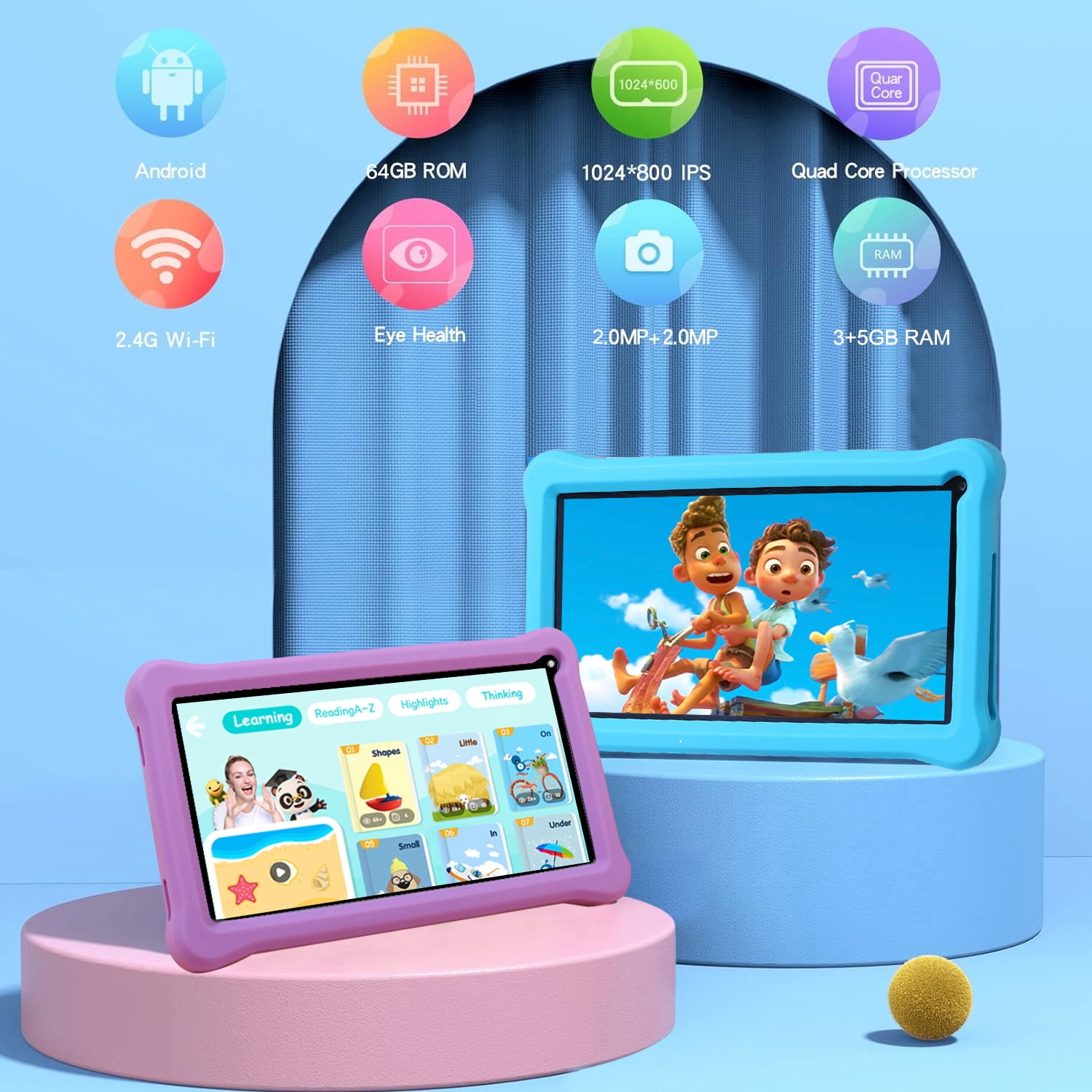 niuniutab Kids Tablet,7 inch Android for Kids, 3+5GB RAM 64GB ROM, 1024x600 IPS HD Touchscreen, Tablet with Parental Control, WiFi, Bluetooth,(Blue)