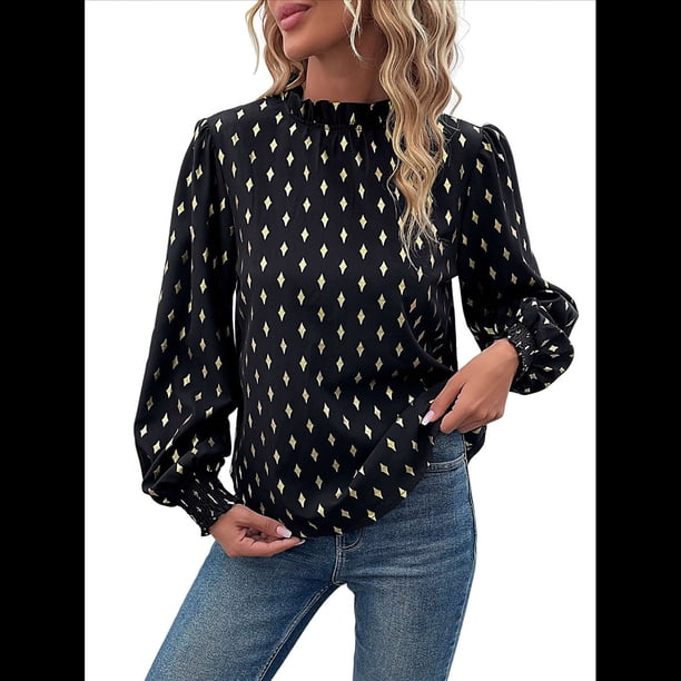 Camisa Informal Holgada de Larga con Estampado en Caliente para Mujer, Cuello Redondo Plisado Negro L