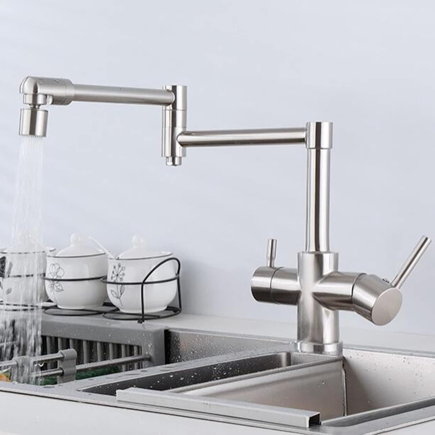 3 Way Kitchen Faucet Folded Brass Hot and Cold Water Swivel Kitchen Sink Faucet Brushed