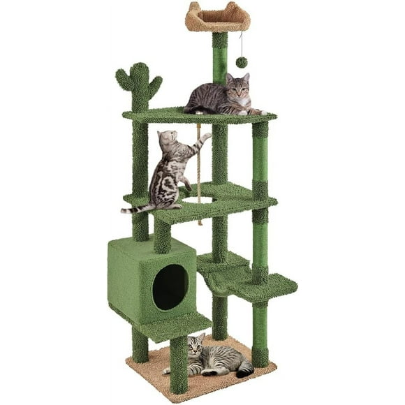 Cactus Cat Tree, 70.5in Cat Tower for Indoor Cats, Multi-Level Cat Condo with Scratching Posts, Cat Climbing Tower Play House Furniture w/Hanging Ball, Perch, Platform, Green/Brown