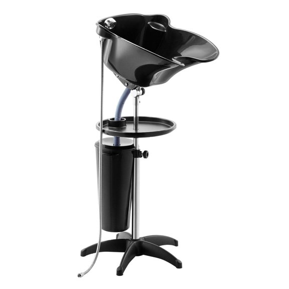 Portable Shampoo Bowl, Deep Shampoo Sink for Home & Salon, Adjustable Height & Angle, Barber Shampoo Station with Drain Hose & Bucket, Black