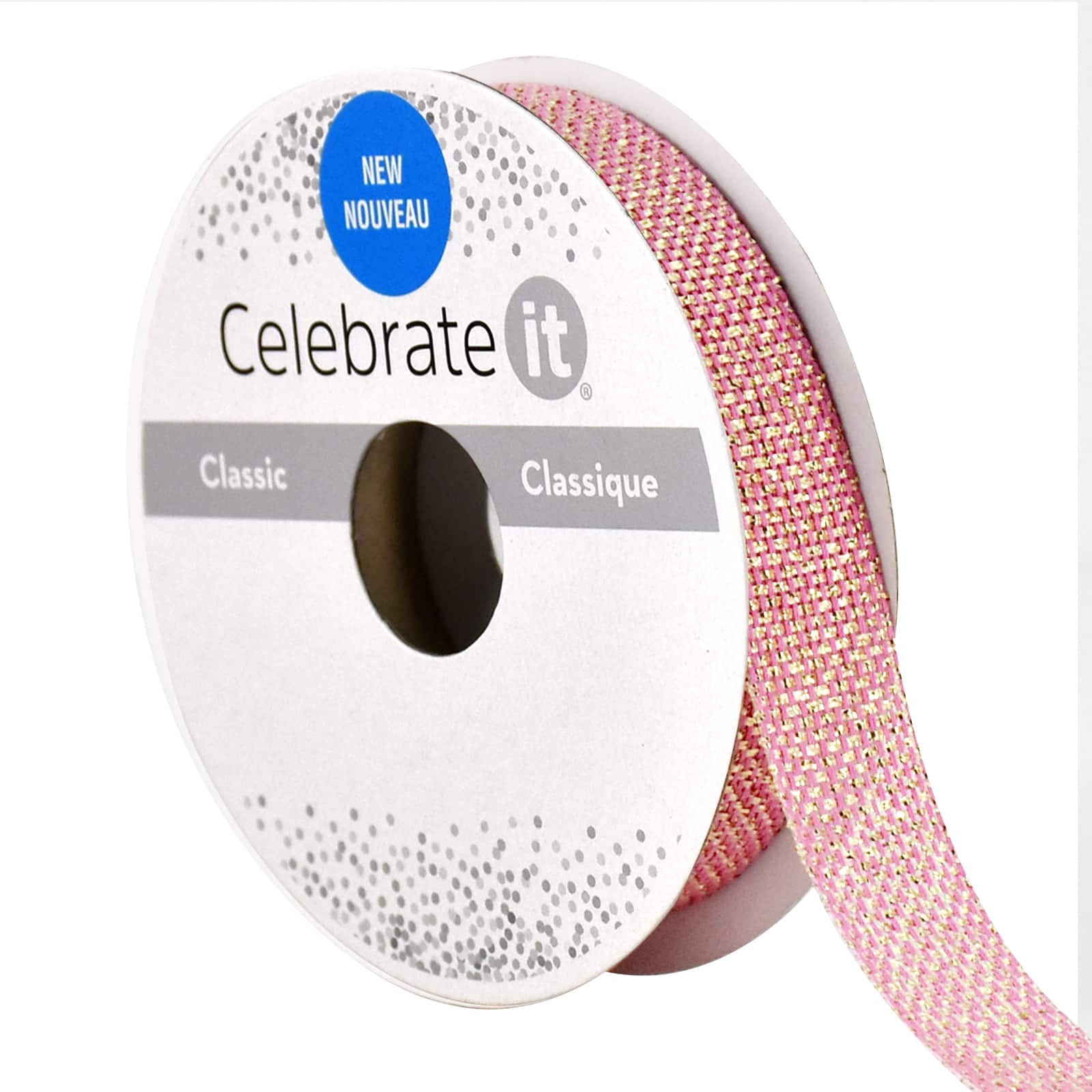 5/8" x 7yd. Pink & Gold Metallic Ribbon by Celebrate It – Non-Wired Woven Selvage Edge - Ideal for Gift Wrapping - Wreaths & Crafts - 12 Pack