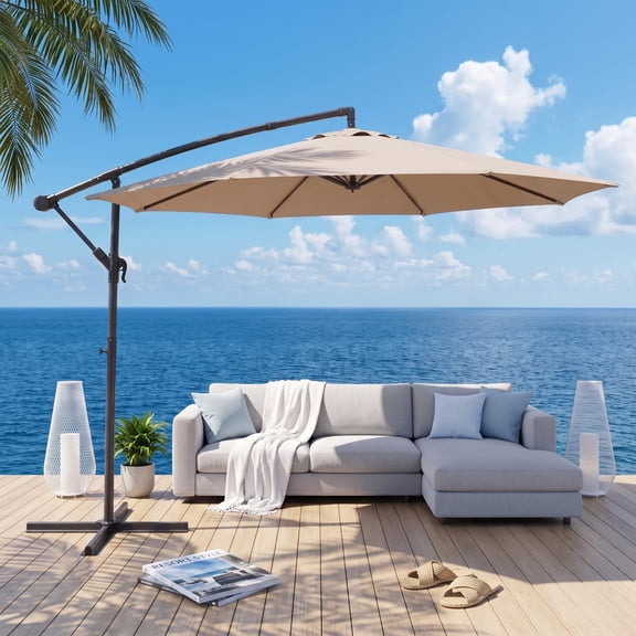 LAUSAINT HOME 10ft Offset Patio Umbrella, Cantilever Hanging Market Umbrella with 8 Sturdy Ribs, Easy Tilt & Crank, Outdoor Sun Shade for Patio, Backyard, Garden, Poolside, Deck, Khaki