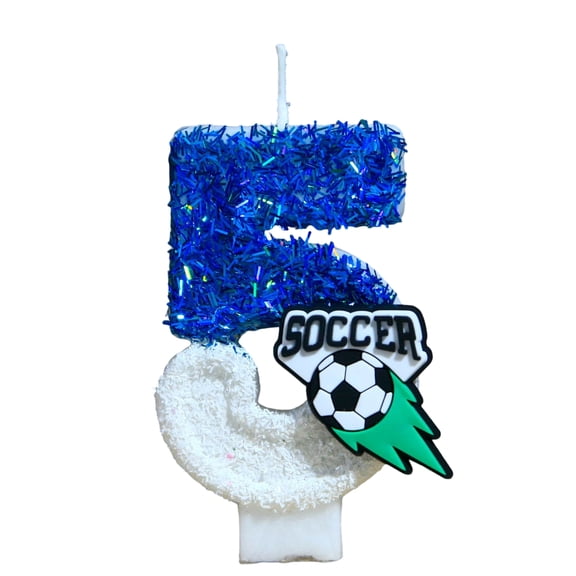 Soccer Themed Birthday Candle - Cartoon Number Design with Soccer Ball Accents, Blue Tinsel & White Base - For Kids Soccer Birthday Parties, Football Fans Celebrations, Cake Decorations
