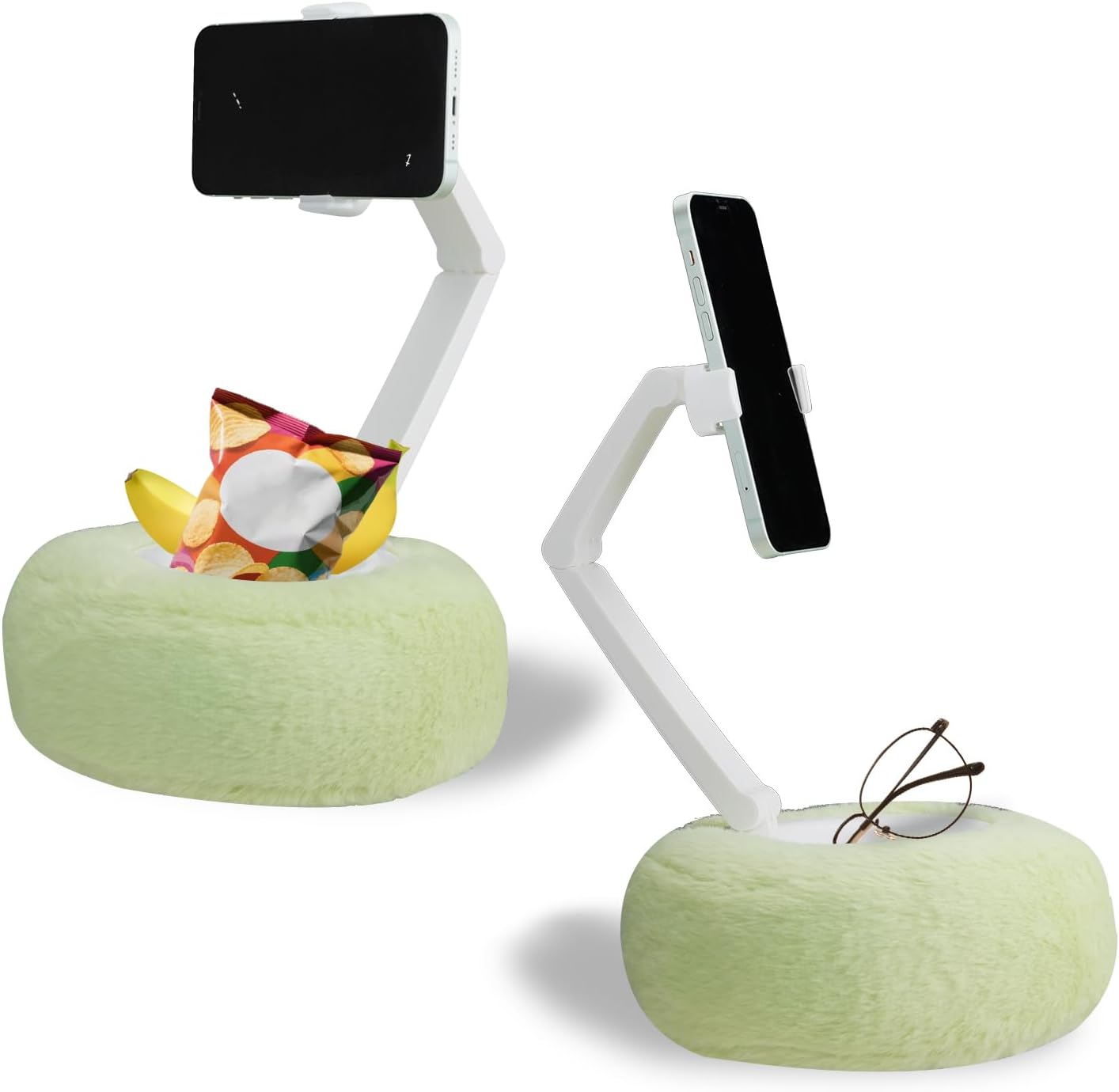 JUMRHFAN Pillow Stand Holder for Reading in Bed, Compatible with 2.3"-3.5" Phone/iPhone, Google, Samsung, Kindle, Portable Adjustable Phone Holder for Bed with Soft Plush Fabric and Snack Bowl, Green