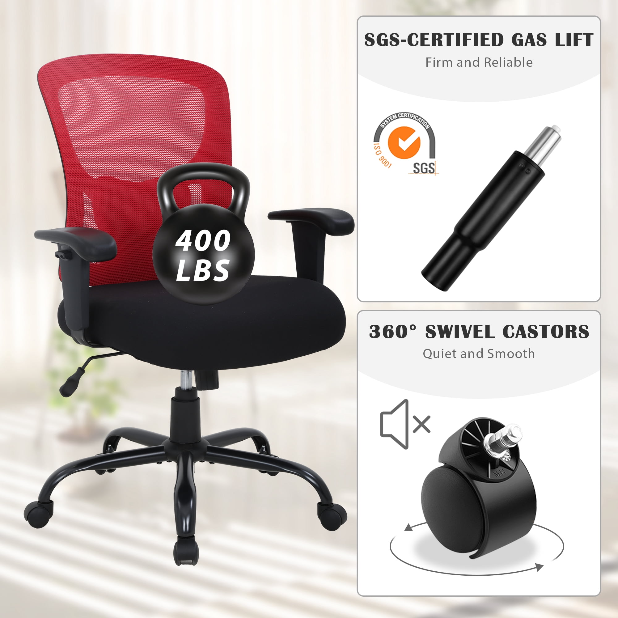 CL.HPAHKL Office Chair Ergonomic Desk Chair, 400lbs Big and Tall Mesh Chair, Computer Chair with Adjustable Arms & Seat Height, Rolling Swivel PC Chair for Home Office, Red
