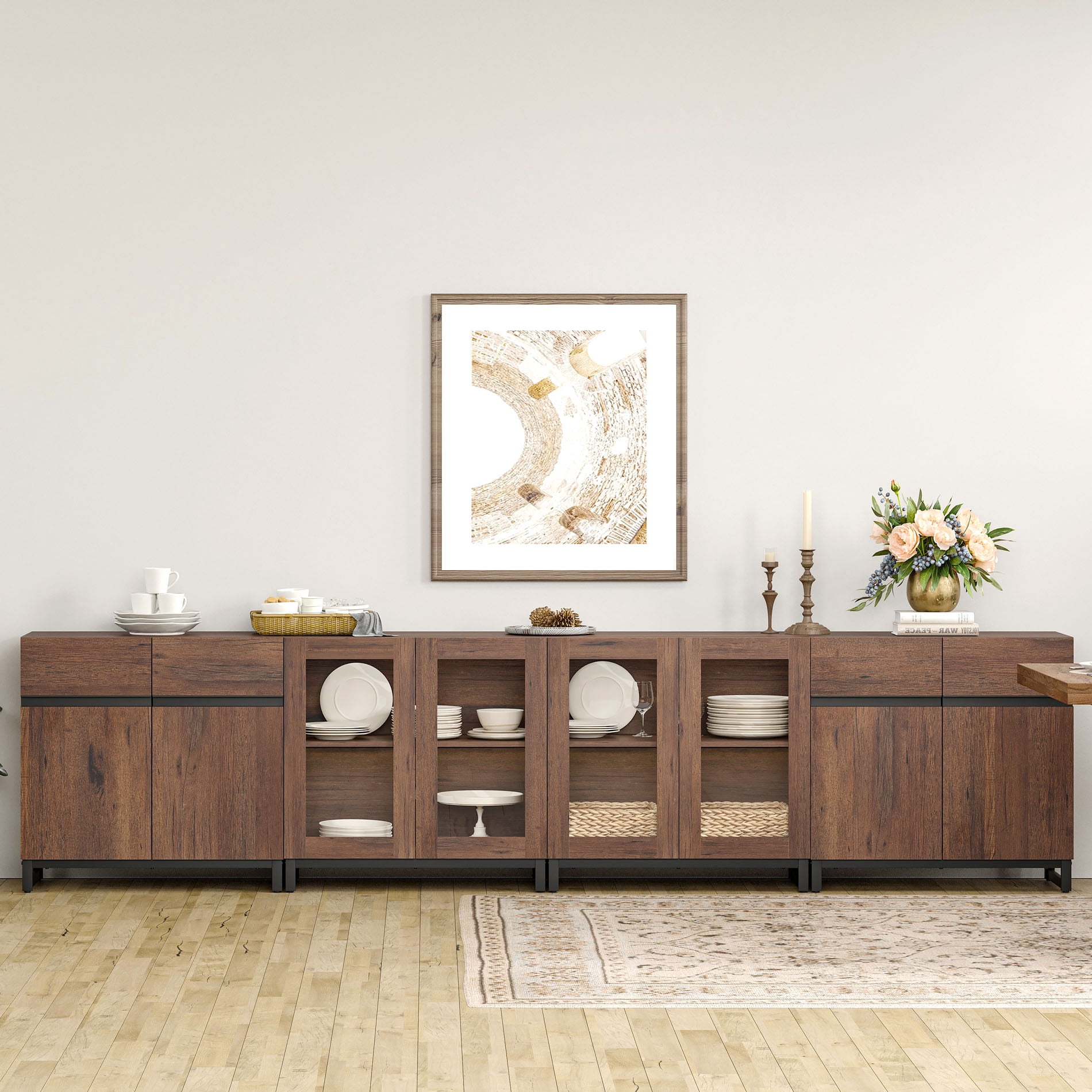 4-in-1 Multifunctional Sideboard Cabinet, Modern Glass Door Buffet Cabinet with Adjustable Shelf & Metal Base, Freestanding Coffee Bar Storage Credenza for Dinning Room,Brown