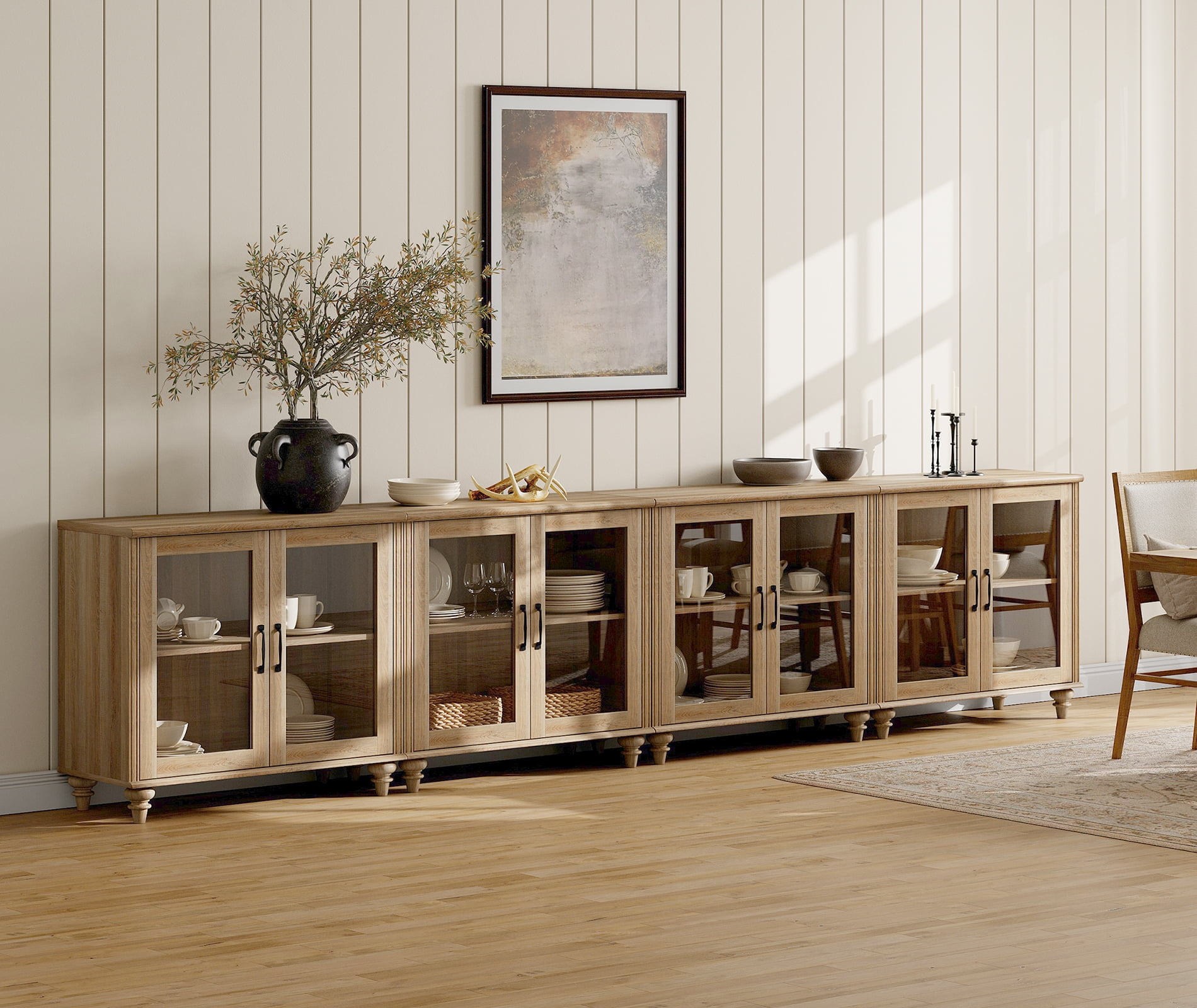Buffet Cabinet with 8 Glass Doors, Kitchen Storage Cabinets with Adjustable Shelf, 135 inch, Oak