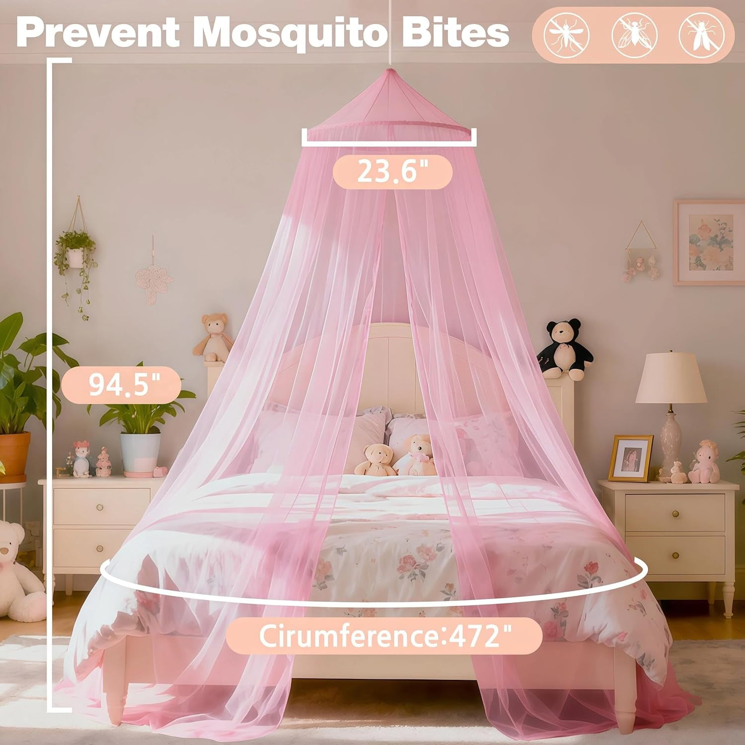 Pink Bed Canopy for Girls,Kids Princess Round Dome Bed Curtain, Dreamy Mosquito Netting for Girls, Bedroom Accessories, Ceiling Tent