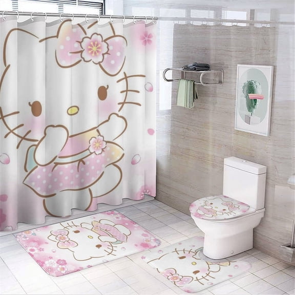 4 Piece Shower Curtain Set with Rugs Hello Kitty Shower Curtain Bathroom Sets Decor Waterproof