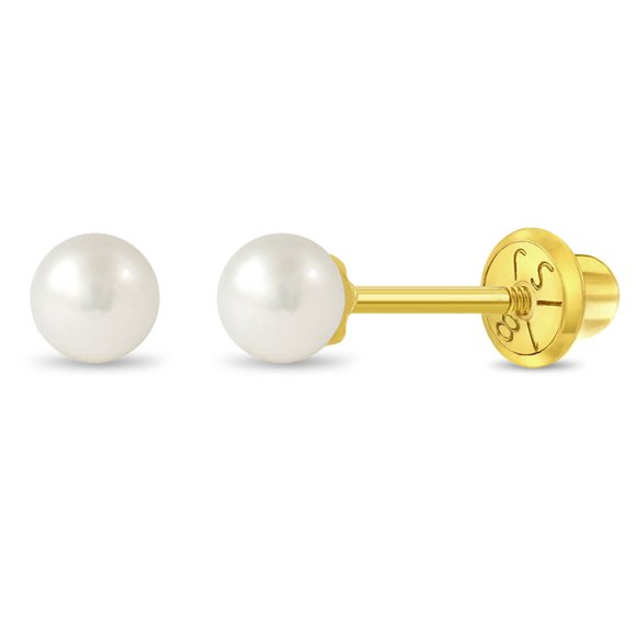 18k Yellow Gold 4mm Cultured Pearl Safety Screw Back Earrings for Young Girls