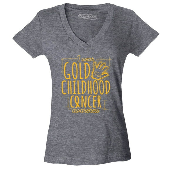 Shop4Ever Women's I Wear Gold for Childhood Cancer Awareness Slim Fit V-Neck T-Shirt Medium Heather Charcoal