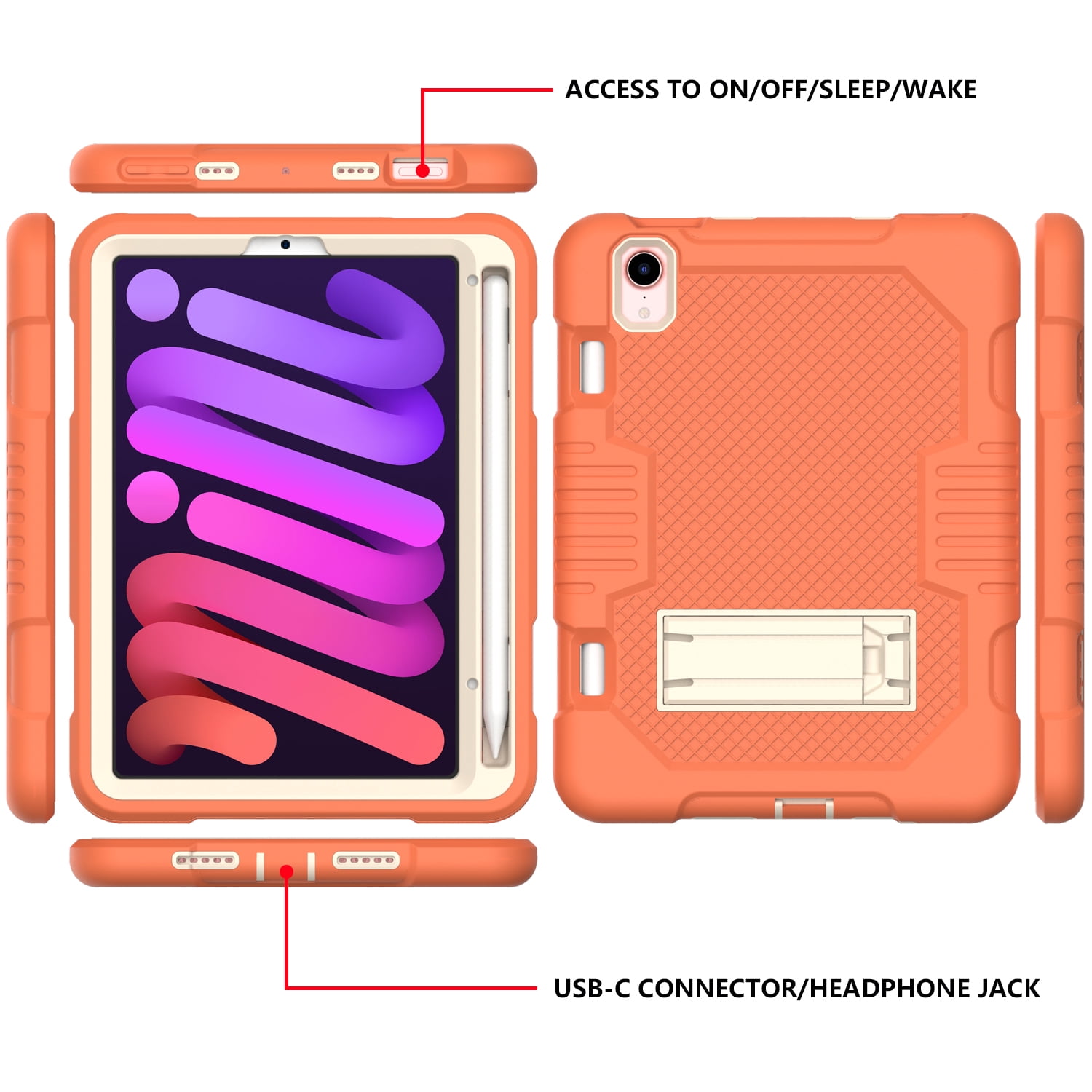 3-in-1 Case for Apple iPad Mini 2021 (8.3 Inch, 6th Generation) Tablet - Silicone/Plastic Composite Case, Shockproof Drop Proof Rugged Cover, Built-in Pencil Holder Kickstand Hard Shell (Orange)