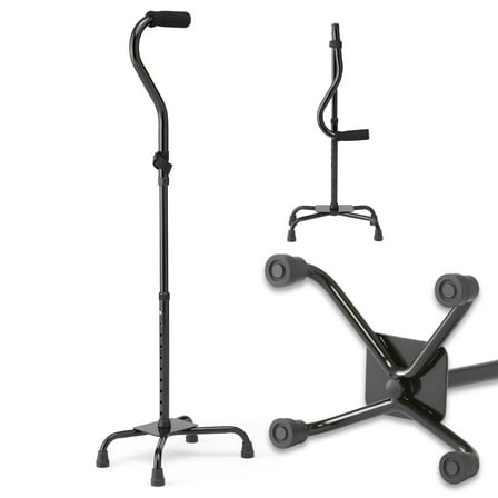 Medline Folding Quad Cane, Large Base, Quad Base for Greater Stability, Skid-Resistant Rubber Tips, Lightweight Aluminum, Black