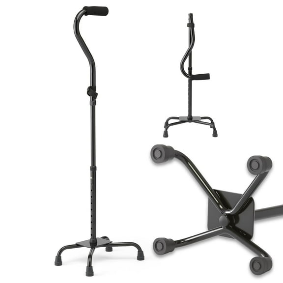 Medline Folding Quad Cane, Large Base, Quad Base for Greater Stability, Skid-Resistant Rubber Tips, Lightweight Aluminum, Black