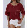 thumbnail image 3 of Women Waffle Knit Tops 2025 Summer Crew Neck Short Sleeve Shirts Casual Trendy Loose Fit Blouses Basic Tee (XL, Wine), 3 of 6