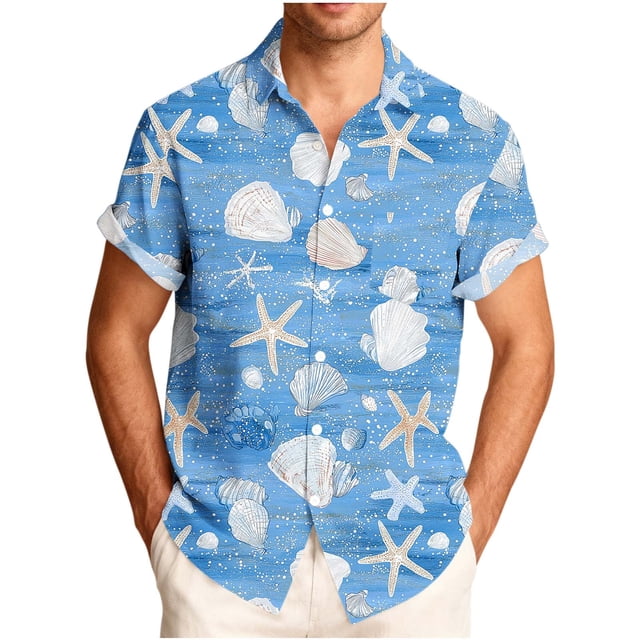 Mens Casual de Manga Corta Botón Abajo Camisas, Turndown Cuello Impreso Blusa