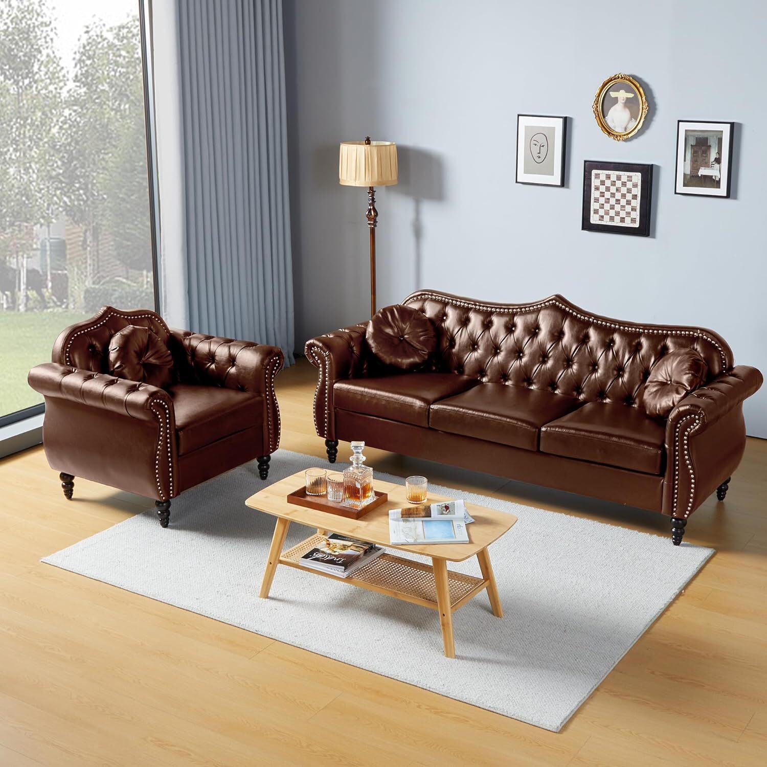 YOCWO Living Room Furniture Sets, Chesterfield 2 Piece Sofa Set, Faux Leather Couch, Brown
