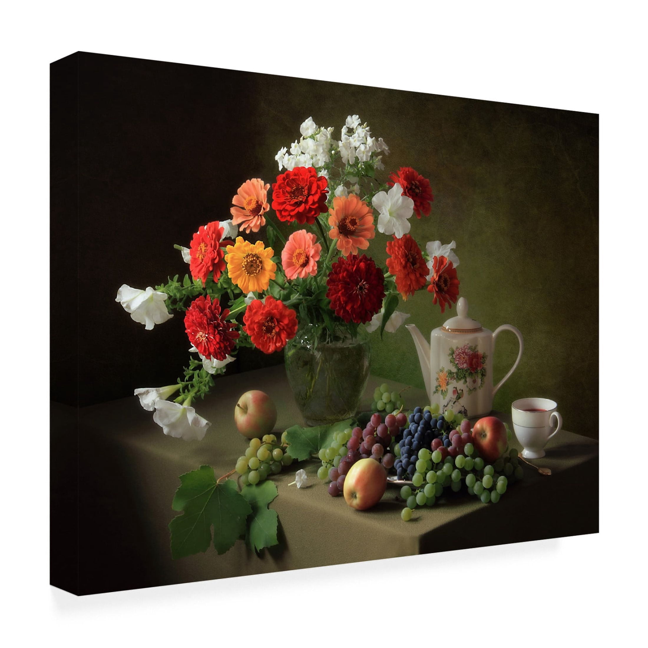Canvas Wall Art - Tatyana Skorokhod 'Still Life With A Bouquet Of Zinnias And Fruit' Wall Art for Living Room, Bedroom, or Office Décor by Trademark Fine Art - 47 x 35 Inches