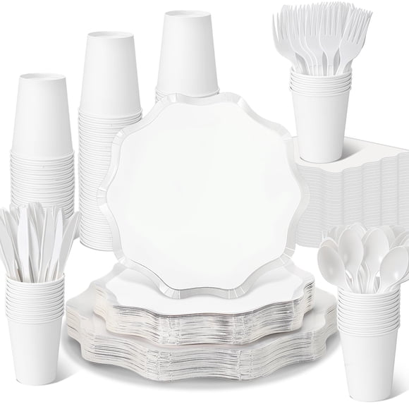 Suministros de fiesta Ziliny, 350 unidades, desechables, blancos, para 50 invitados