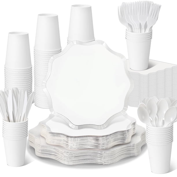 Suministros de fiesta Ziliny, 350 unidades, desechables, blancos, para 50 invitados